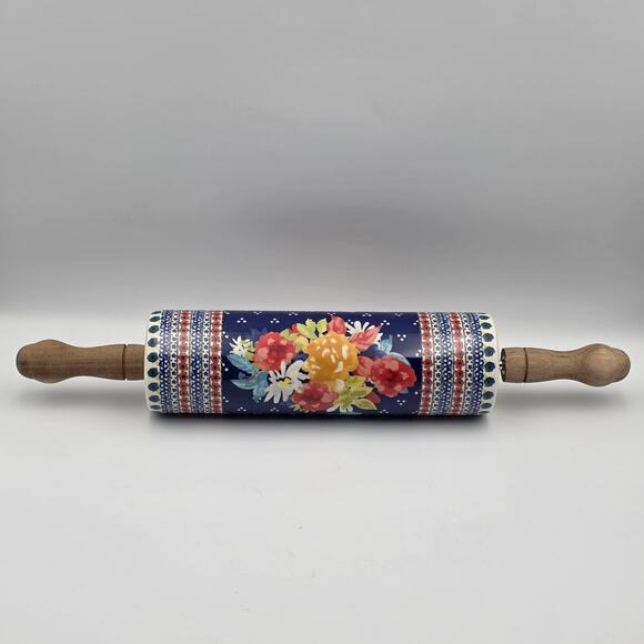 Pioneer Woman Fiona Floral Rolling Pin Stoneware Wood Handles HTF - Picture 1 of 5